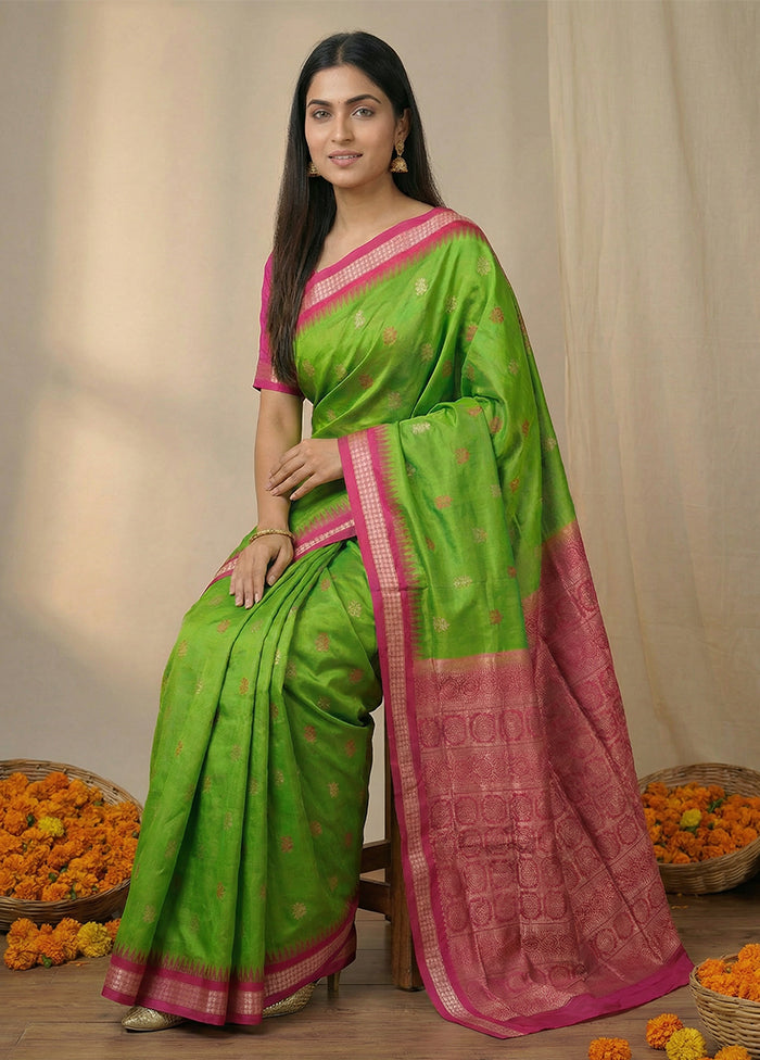 Green Handloom Bomkai Pure Silk Saree With Blouse Piece