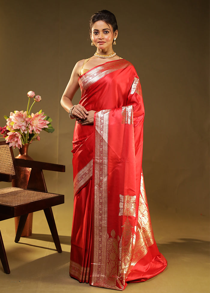 Red Handloom Banarasi Pure Silk Saree With Blouse Piece
