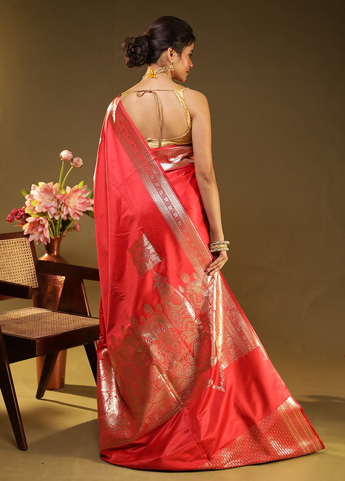 Red Handloom Banarasi Pure Silk Saree With Blouse Piece