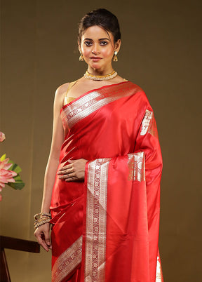 Red Handloom Banarasi Pure Silk Saree With Blouse Piece