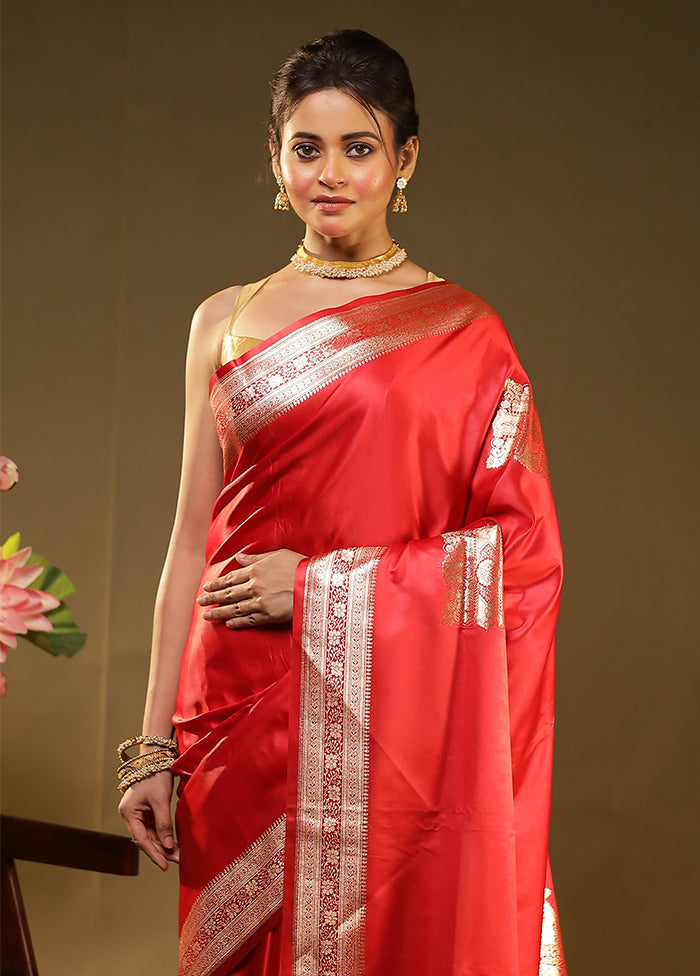Red Handloom Banarasi Pure Silk Saree With Blouse Piece