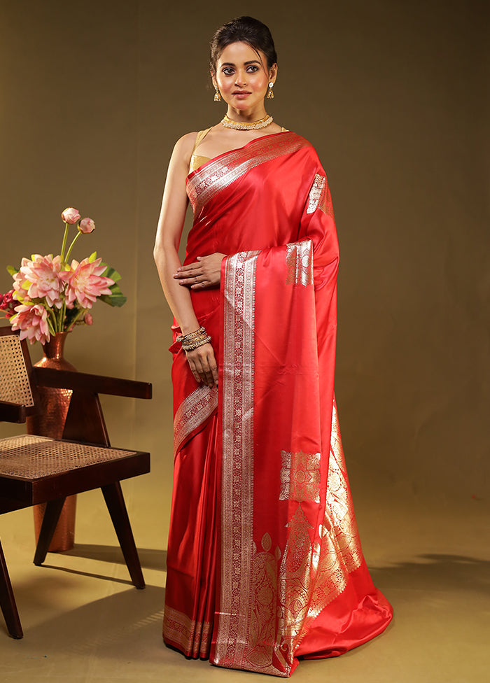 Red Handloom Banarasi Pure Silk Saree With Blouse Piece