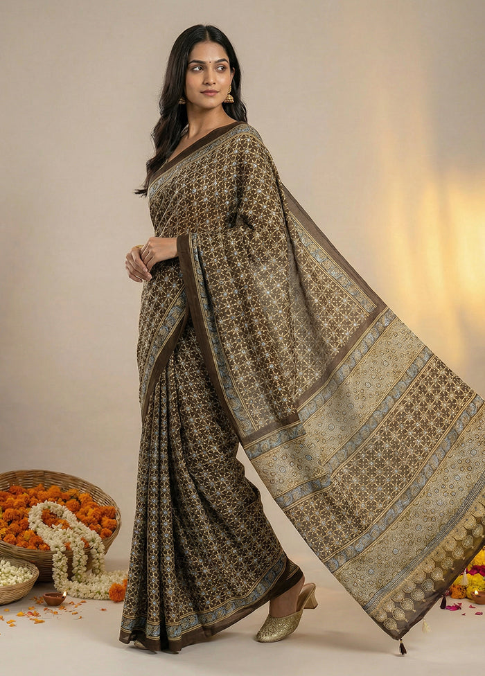 Black Printed Silk Saree Without Blouse Piece