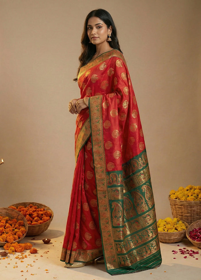Red Baluchari Silk Saree With Blouse Piece