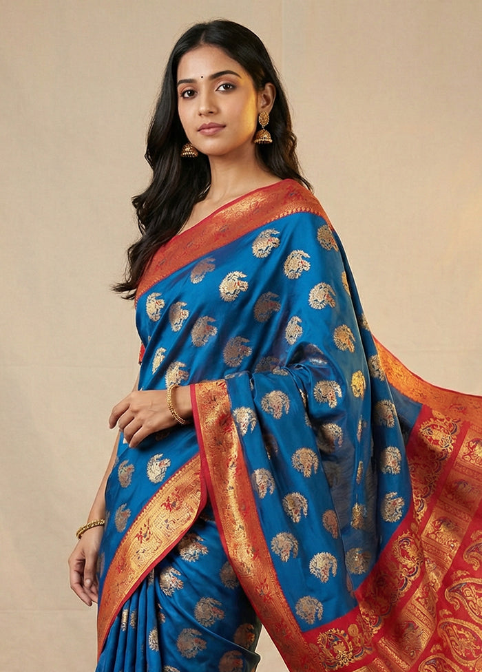 Blue Baluchari Silk Saree With Blouse Piece
