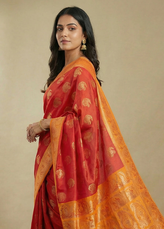 Red Dupion Silk Saree With Blouse Piece
