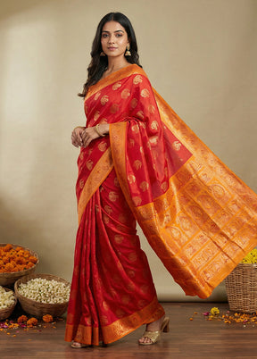 Red Dupion Silk Saree With Blouse Piece