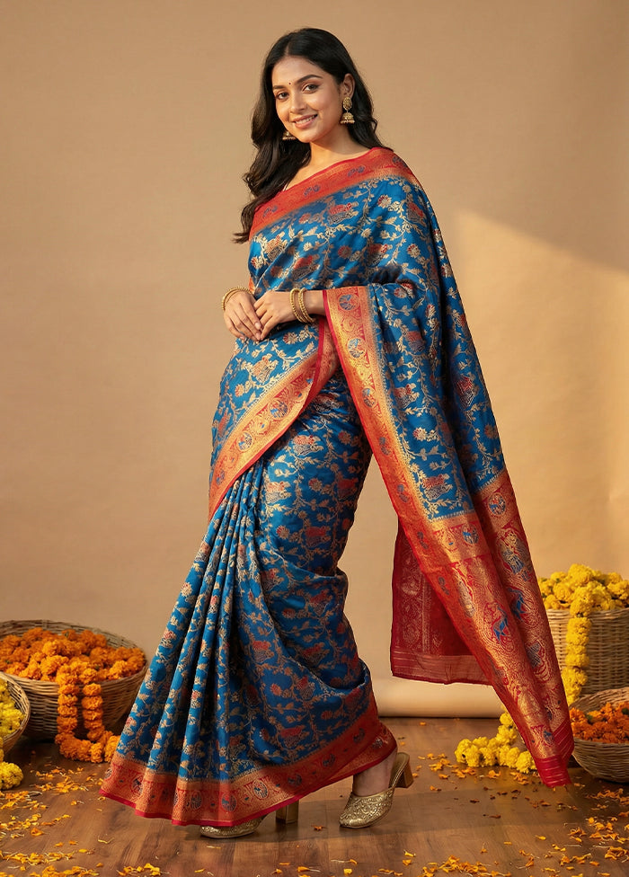 Blue Dupion Silk Saree With Blouse Piece
