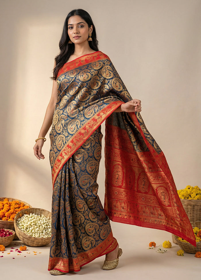 Blue Baluchari Silk Saree With Blouse Piece