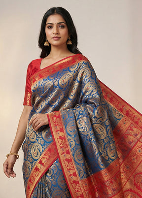 Blue Dupion Silk Saree With Blouse Piece