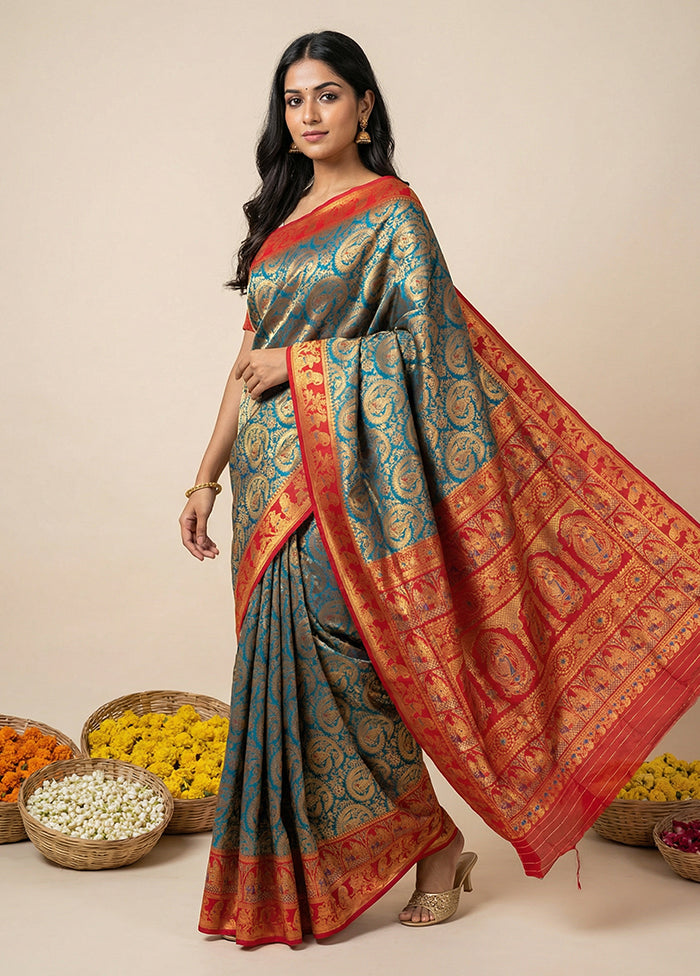 Blue Baluchari Silk Saree With Blouse Piece