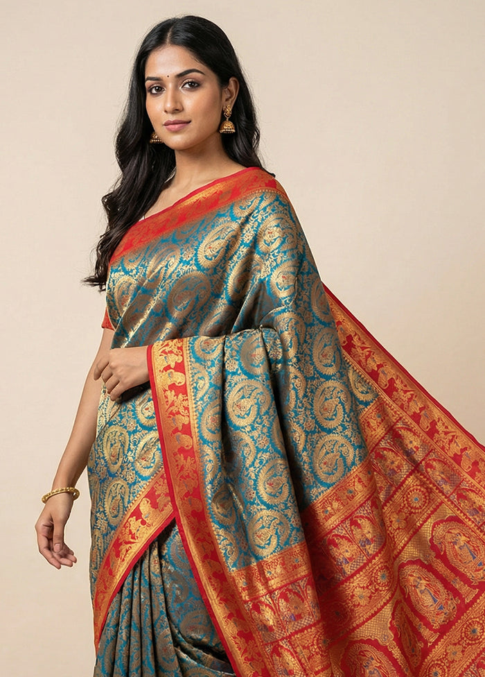 Blue Baluchari Silk Saree With Blouse Piece
