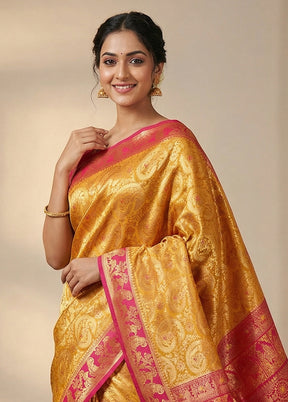 Yellow Baluchari Silk Saree With Blouse Piece