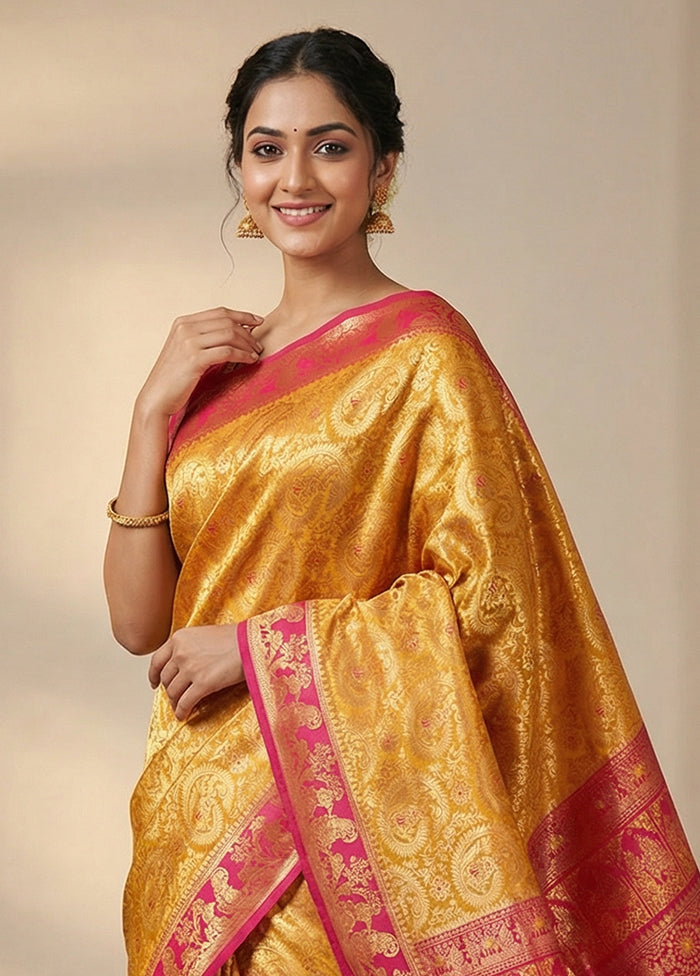 Yellow Baluchari Silk Saree With Blouse Piece
