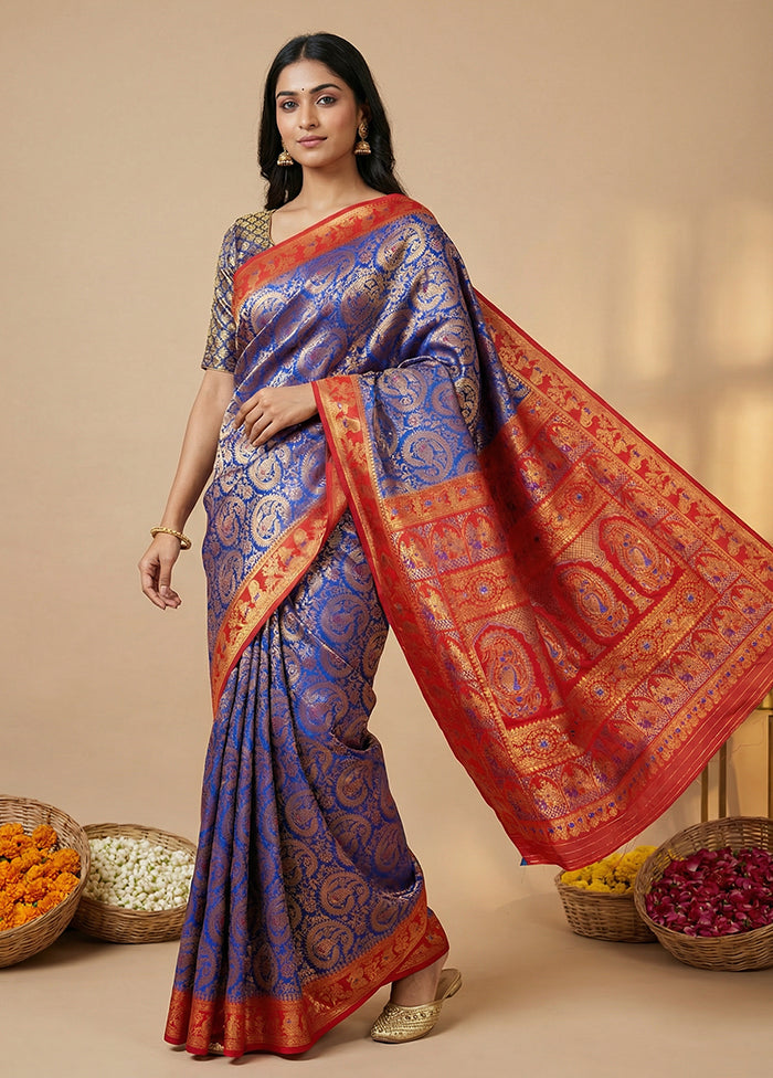 Blue Baluchari Silk Saree With Blouse Piece