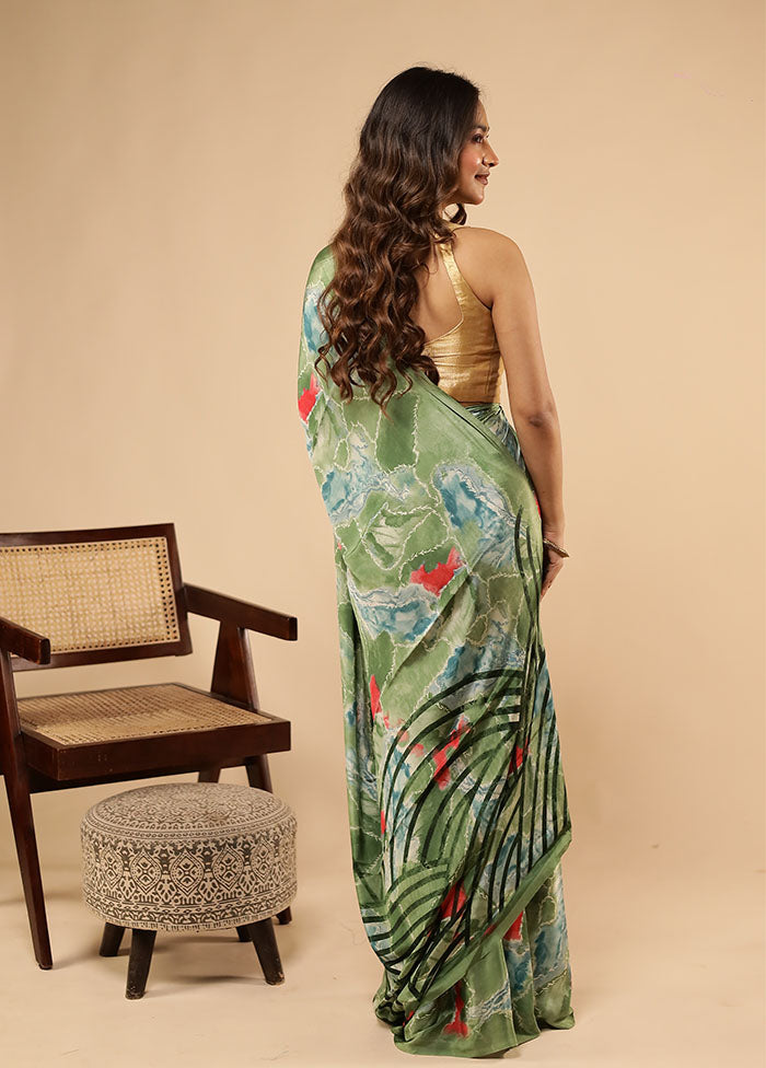 Green Printed Silk Saree Without Blouse Piece