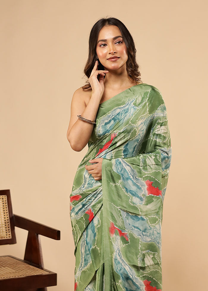 Green Printed Silk Saree Without Blouse Piece