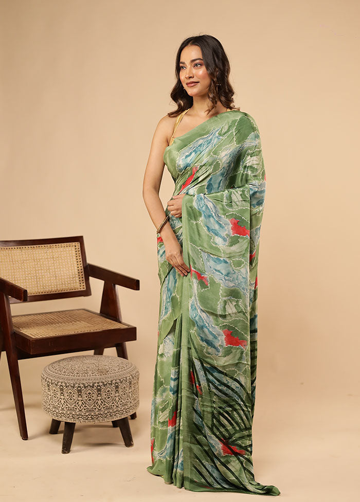 Green Printed Silk Saree Without Blouse Piece
