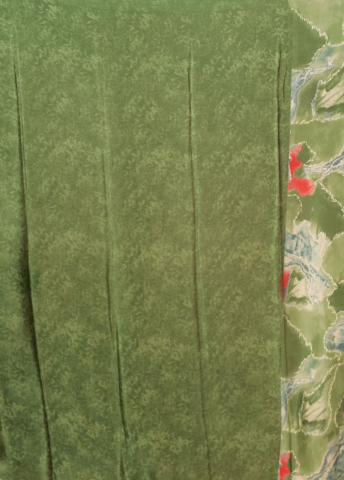 Green Printed Silk Saree Without Blouse Piece