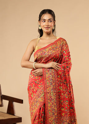 Red Dupion Silk Saree With Blouse Piece