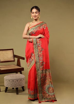 Red Handloom Pure Georgette Saree With Blouse Piece
