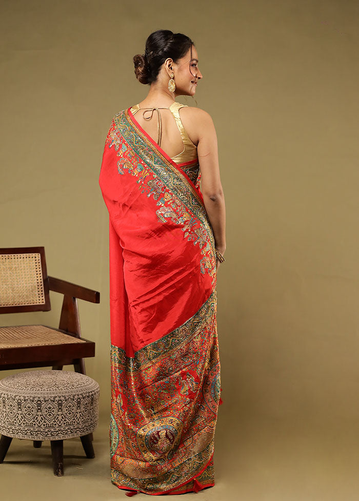 Red Handloom Pure Georgette Saree With Blouse Piece