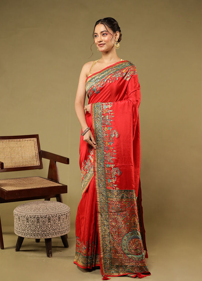 Red Handloom Pure Georgette Saree With Blouse Piece