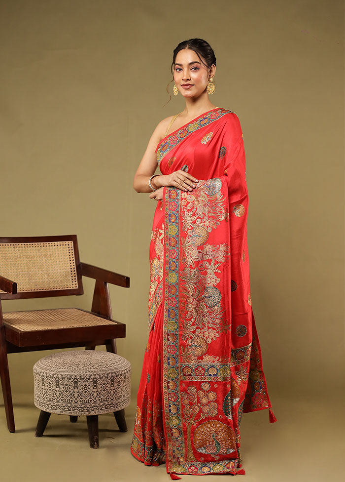 Red Handloom Pure Georgette Saree With Blouse Piece