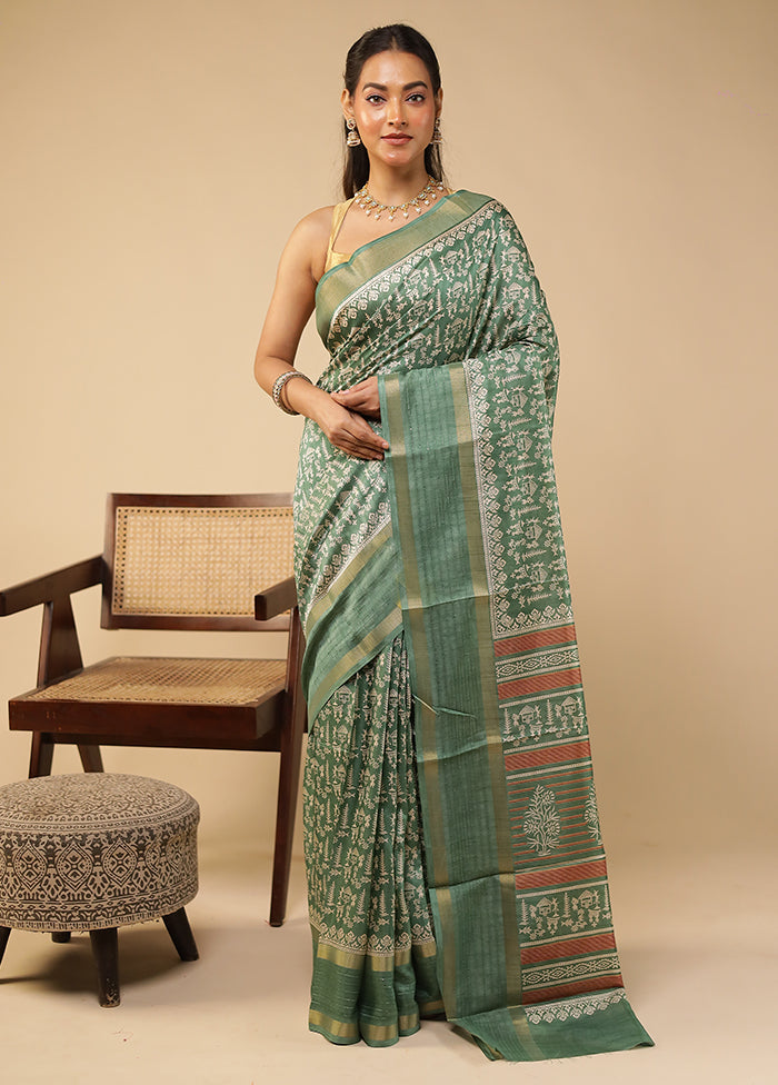 Green Chanderi Cotton Saree With Blouse Piece
