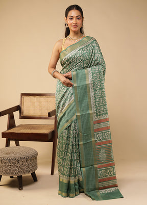 Green Chanderi Cotton Saree With Blouse Piece
