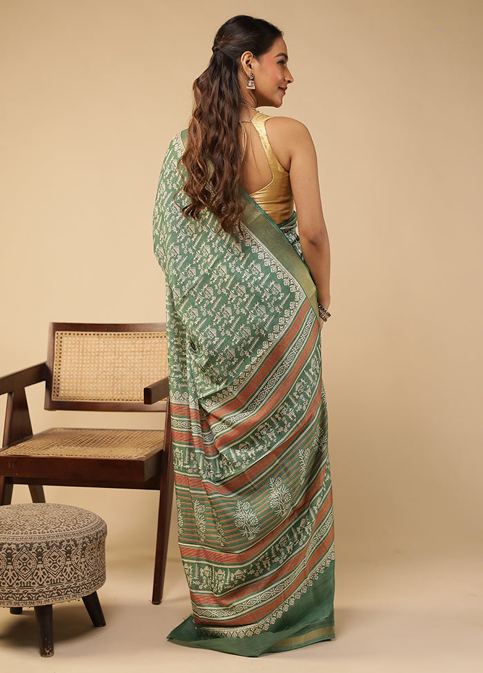 Green Chanderi Cotton Saree With Blouse Piece