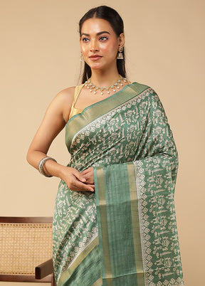 Green Chanderi Cotton Saree With Blouse Piece