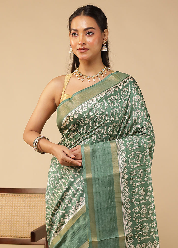 Green Chanderi Cotton Saree With Blouse Piece