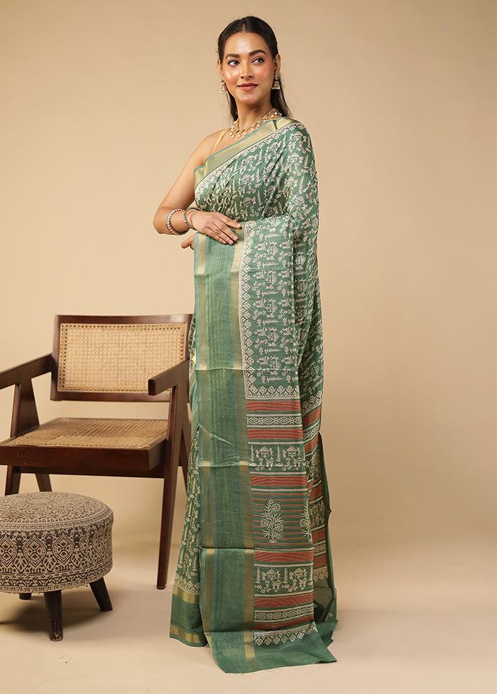 Green Chanderi Cotton Saree With Blouse Piece