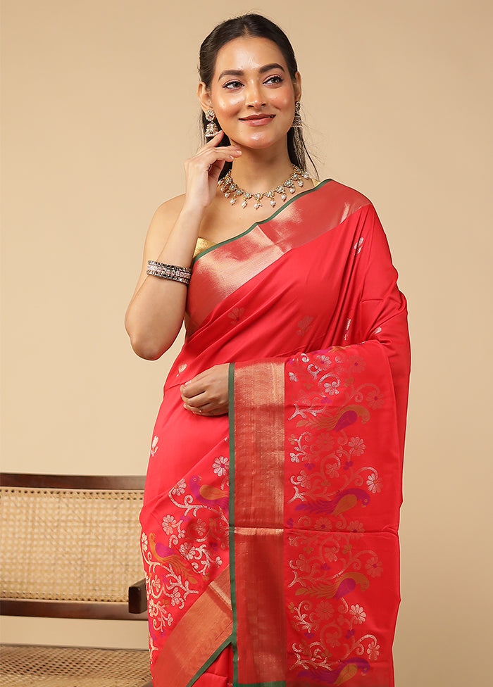 Red Dupion Silk Saree With Blouse Piece