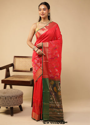 Red Dupion Silk Saree With Blouse Piece