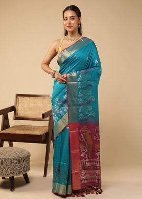 Blue Dupion Silk Saree With Blouse Piece