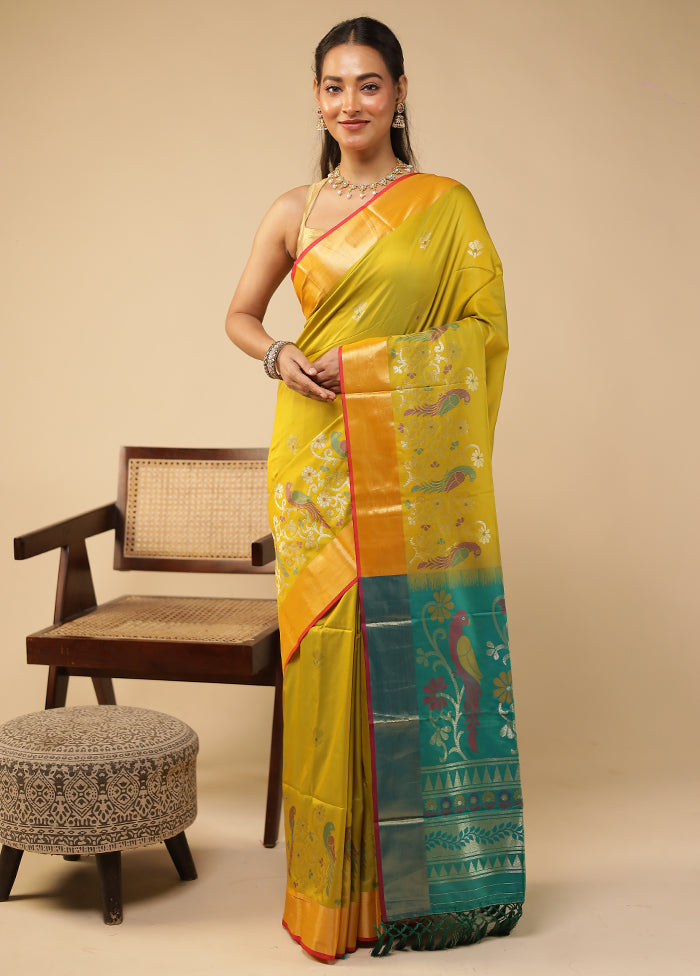Yellow Dupion Silk Saree With Blouse Piece