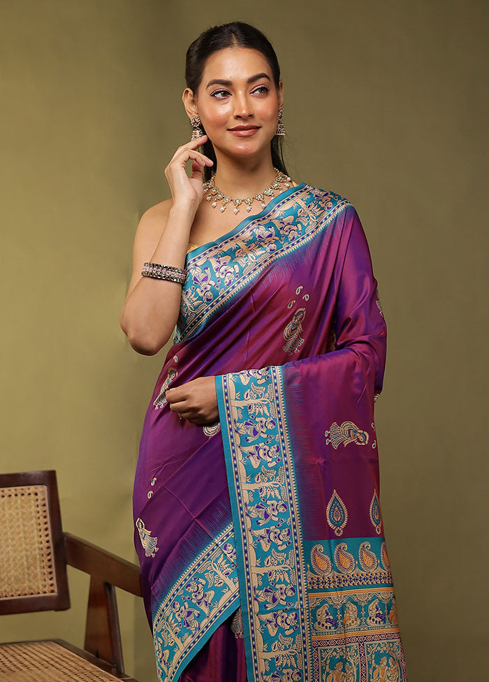Purple Bomkai Silk Saree Without Blouse Piece
