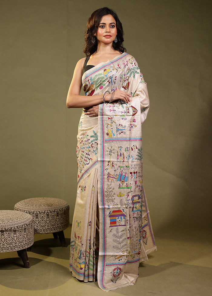 Cream Handloom Kantha Stitch Pure Silk Saree With Blouse Piece
