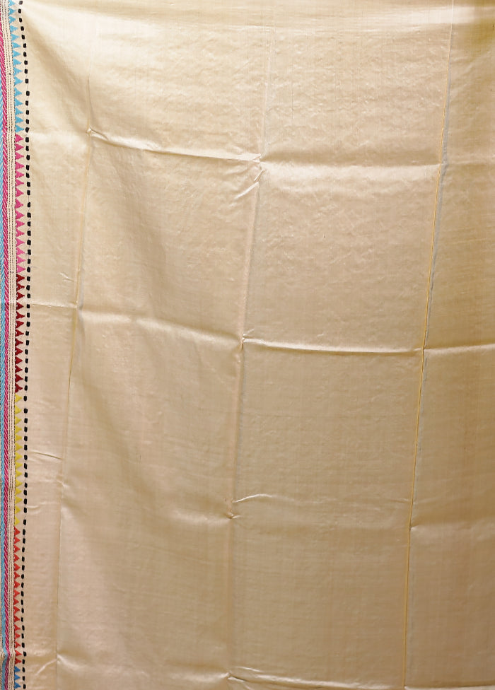 Cream Handloom Kantha Stitch Pure Silk Saree With Blouse Piece