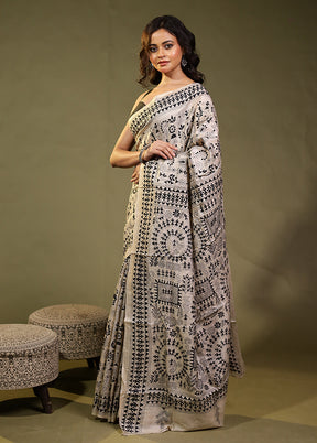 Cream Handloom Kantha Stitch Pure Silk Saree With Blouse Piece