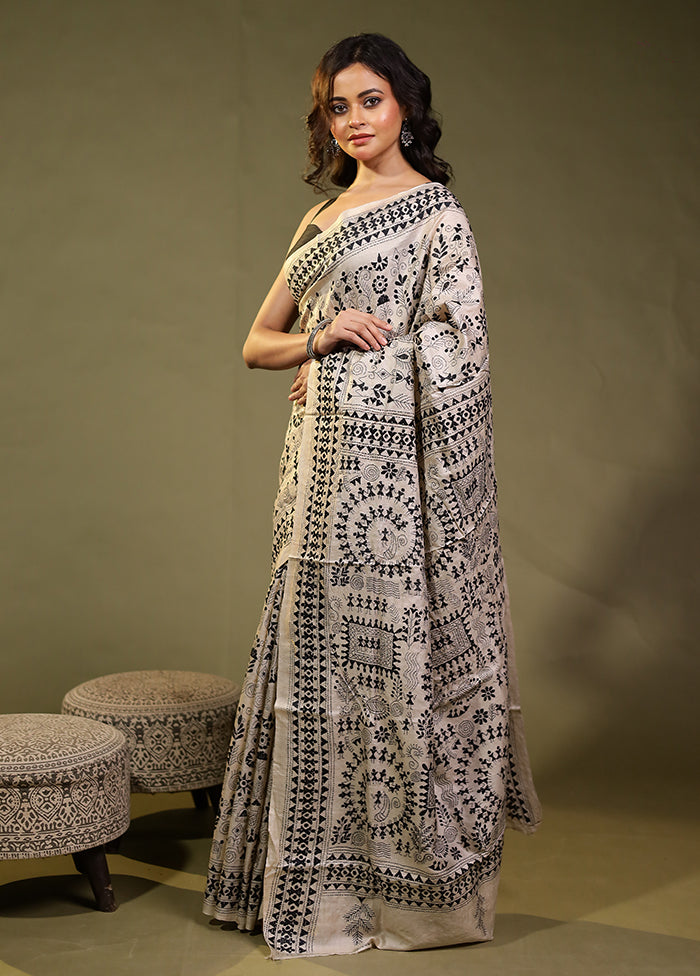 Cream Handloom Kantha Stitch Pure Silk Saree With Blouse Piece