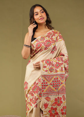Cream Handloom Kantha Stitch Pure Silk Saree With Blouse Piece