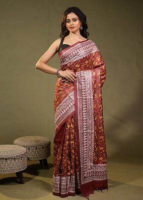 Maroon Handloom Kantha Stitch Pure Silk Saree With Blouse Piece