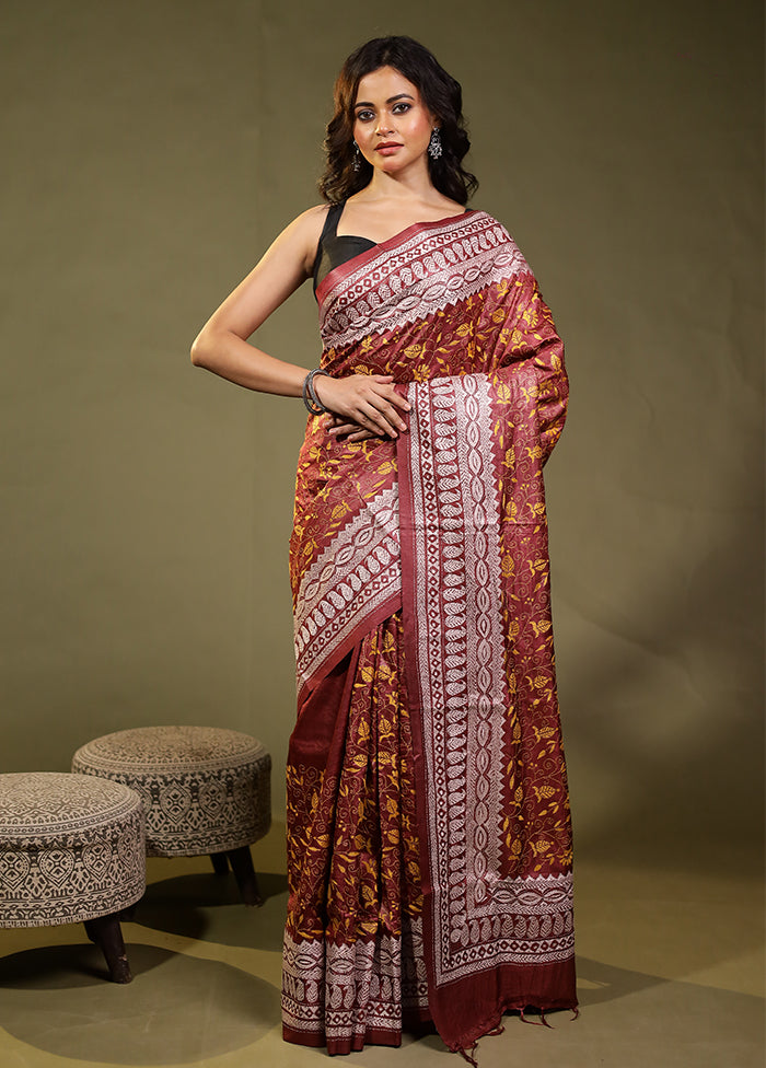 Maroon Handloom Kantha Stitch Pure Silk Saree With Blouse Piece