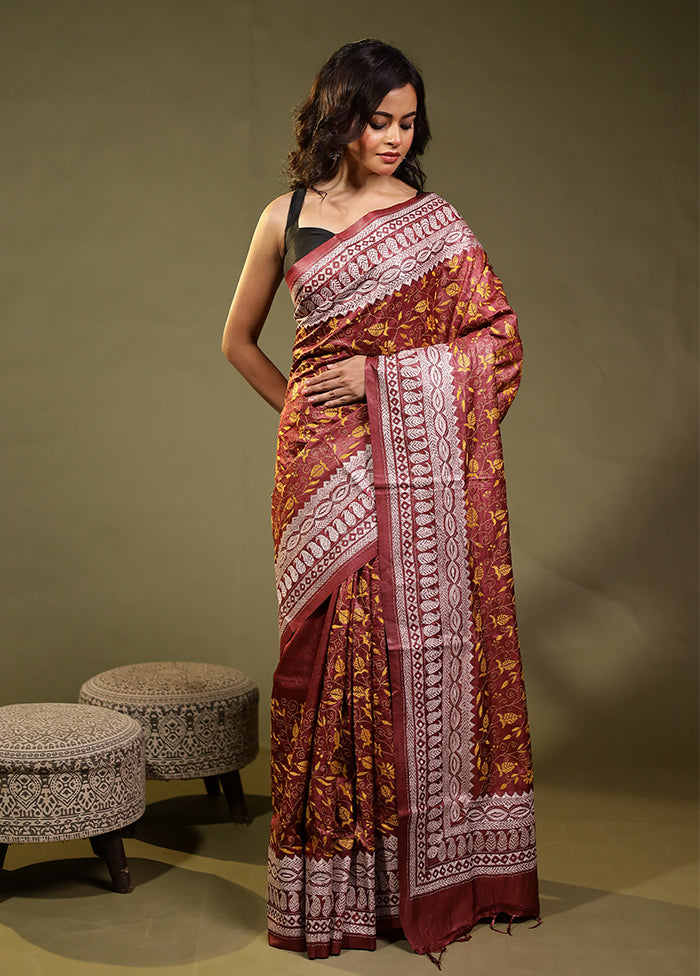 Maroon Handloom Kantha Stitch Pure Silk Saree With Blouse Piece