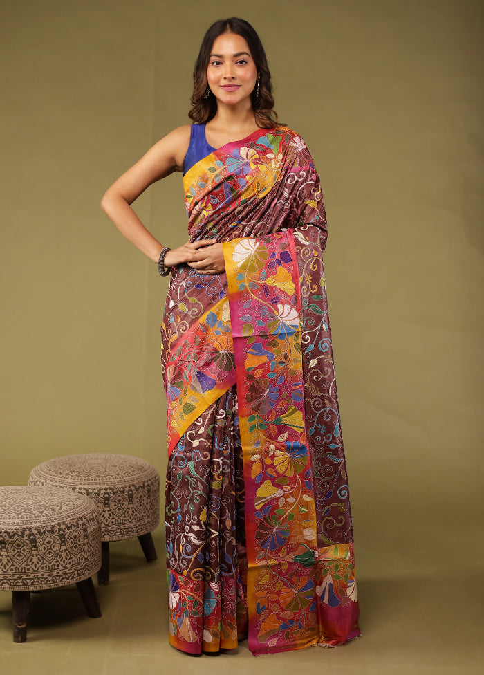 Pink Handloom Kantha Stitch Pure Silk Saree With Blouse Piece