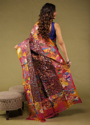 Multicolor Handloom Kantha Stitch Pure Silk Saree With Blouse Piece