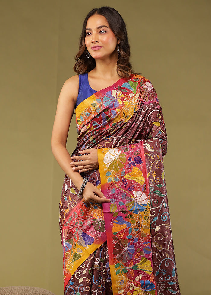 Pink Handloom Kantha Stitch Pure Silk Saree With Blouse Piece